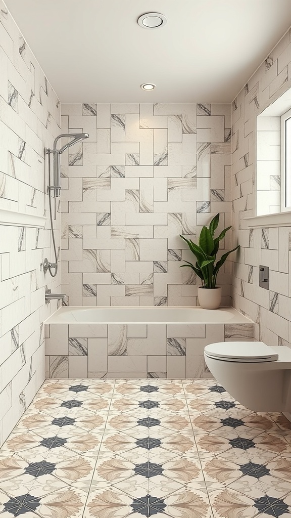 A mid-century modern bathroom featuring geometric tile patterns on the walls and floor, with a potted plant.