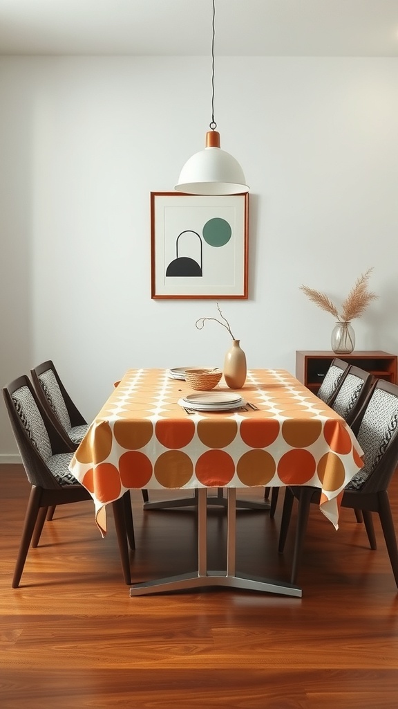 A mid-century modern dining room featuring a table with a geometric patterned tablecloth, stylish chairs, and modern decor.