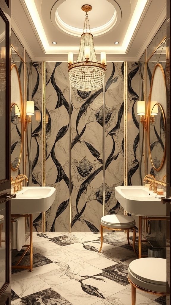 Luxurious Art Deco bathroom featuring dual sinks, gold accents, and a chandelier