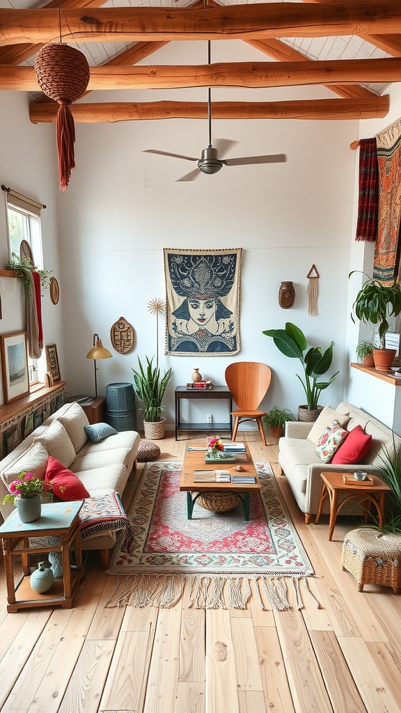 A cozy bohemian living room featuring wooden beams, soft sofas, colorful cushions, and plants.