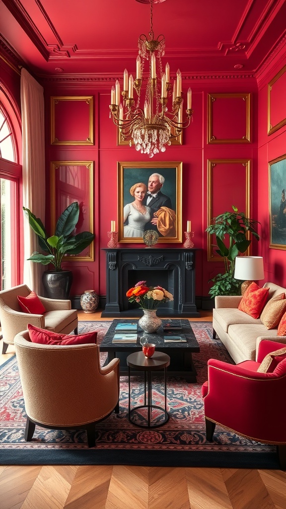 A glamorous living room featuring red walls, a chandelier, and elegant furniture.