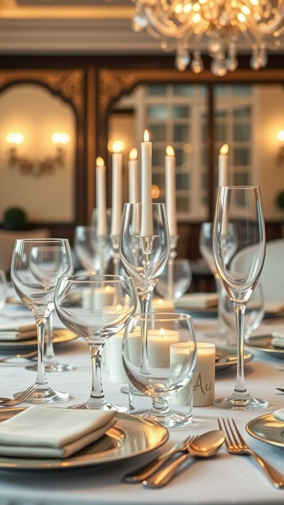 A beautifully set dining table with glassware, candles, and elegant decor.