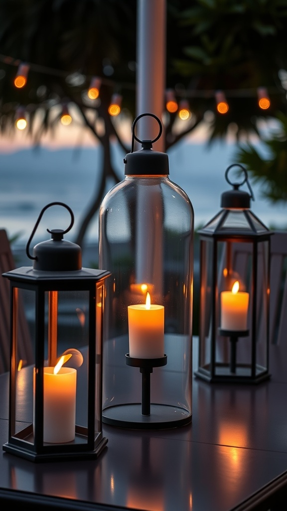 Glass lanterns with candles on a table, creating a warm glow in a coastal setting