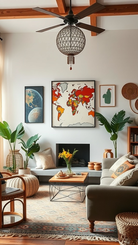 A cozy living room with global-inspired decor featuring a world map, plants, and earthy textures.