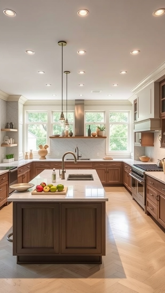 A modern gourmet kitchen with an open layout, featuring wood cabinets, marble countertops, and a large island.