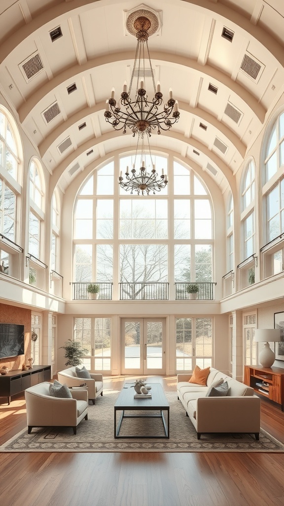 A luxurious living room with vaulted ceilings, large windows, and elegant furnishings.
