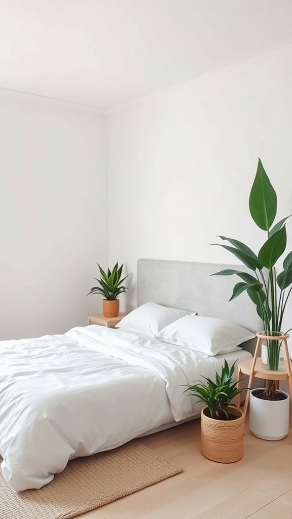 Minimalist bedroom featuring a bed and several potted plants
