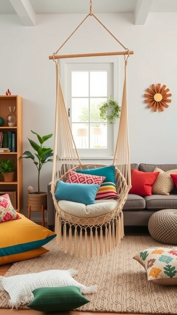 A cozy living room featuring a hammock chair surrounded by colorful cushions and a warm atmosphere.