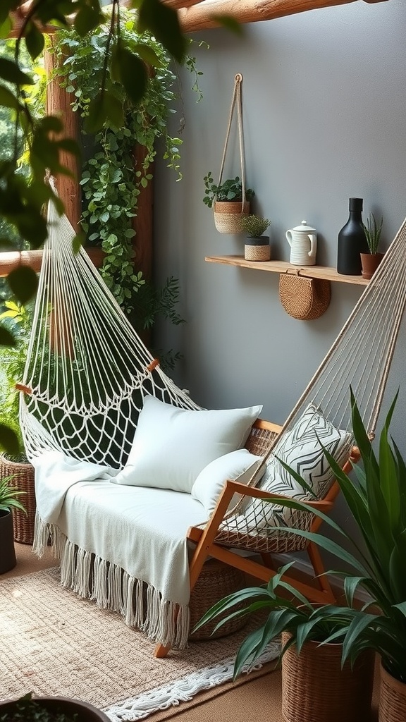 A cozy relaxation nook with two hammocks, surrounded by plants and natural decor.