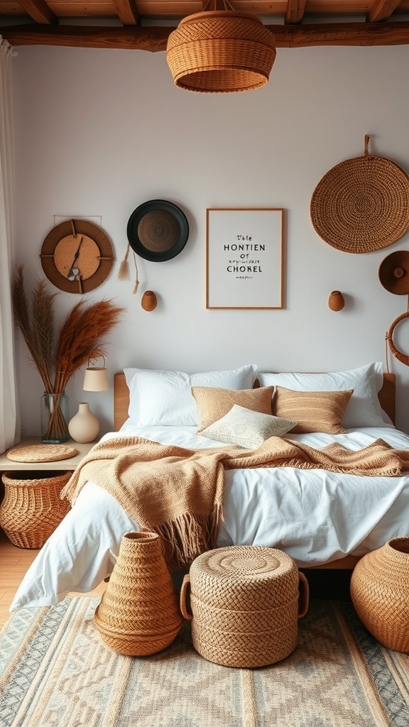 A boho bedroom featuring a cozy bed with earthy tones, woven baskets, and textured pillows.