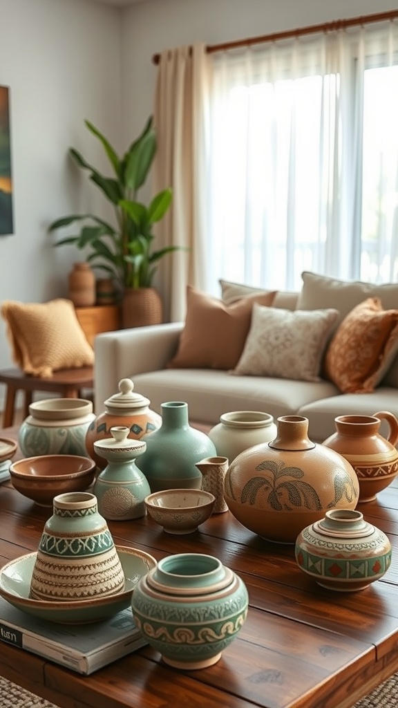 A collection of handmade pottery pieces on a wooden table in a cozy living room setting.