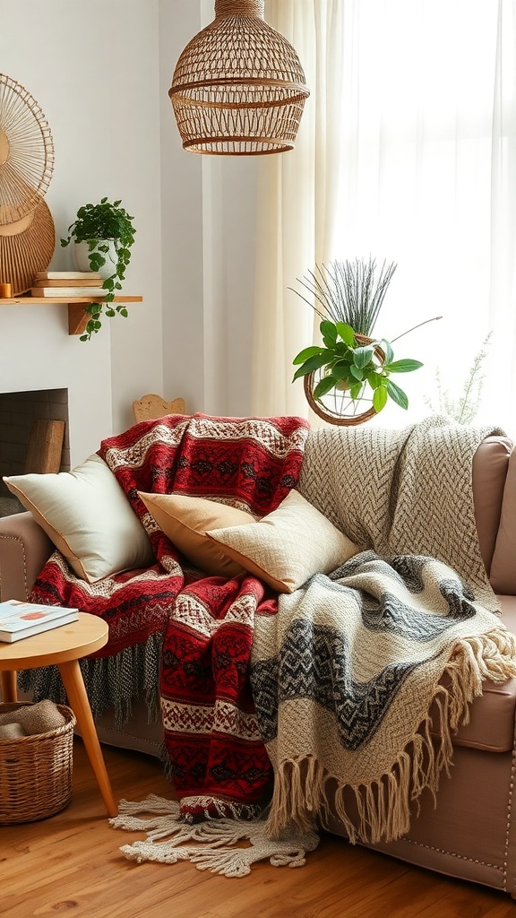 A cozy living room with handwoven blankets in red and neutral tones draped over a sofa, accompanied by decorative pillows and plants.