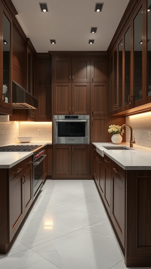 Luxury kitchen with dark wood cabinetry and white countertops