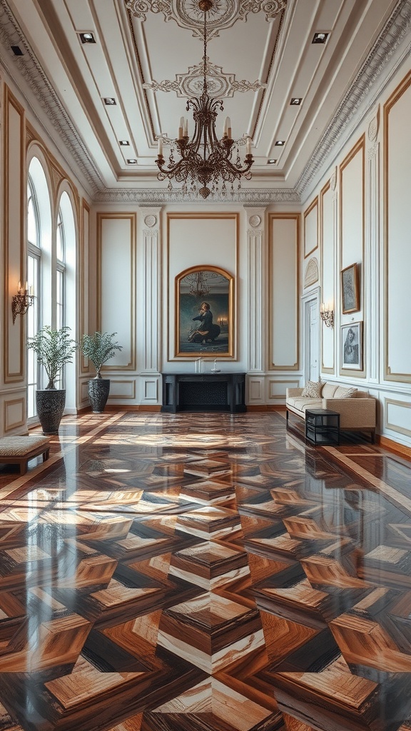 Luxurious room with intricate wood flooring, elegant chandelier, and classic decor.