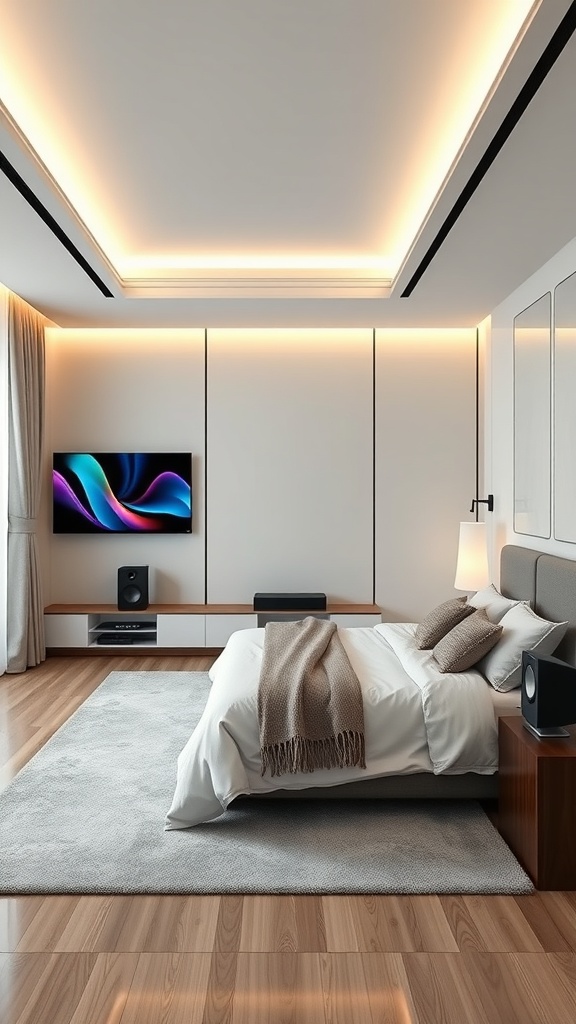 A modern luxury bedroom with smart lighting and sound system.