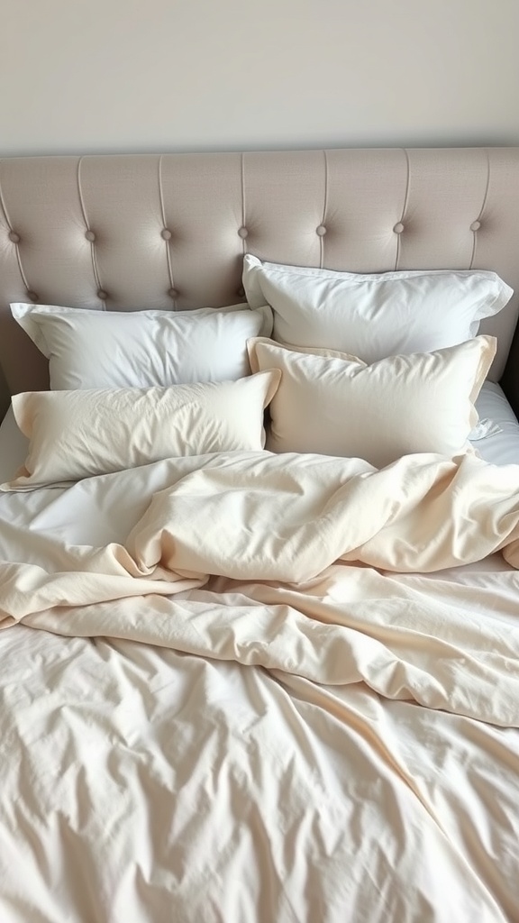 A neatly made bed with a variety of pillows and soft linens in neutral colors.