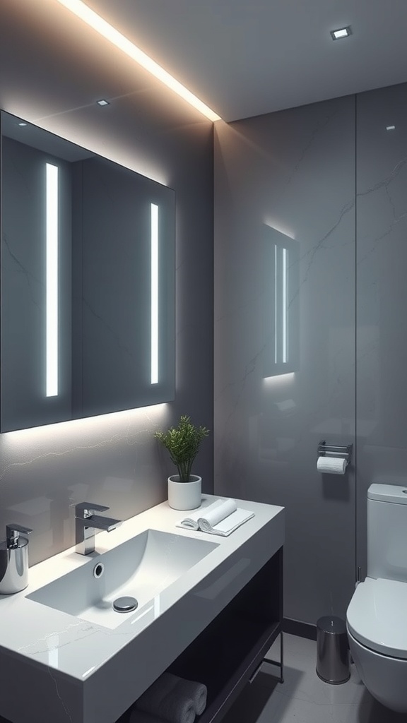 A modern luxury bathroom featuring sleek design, soft lighting, and high-tech features.