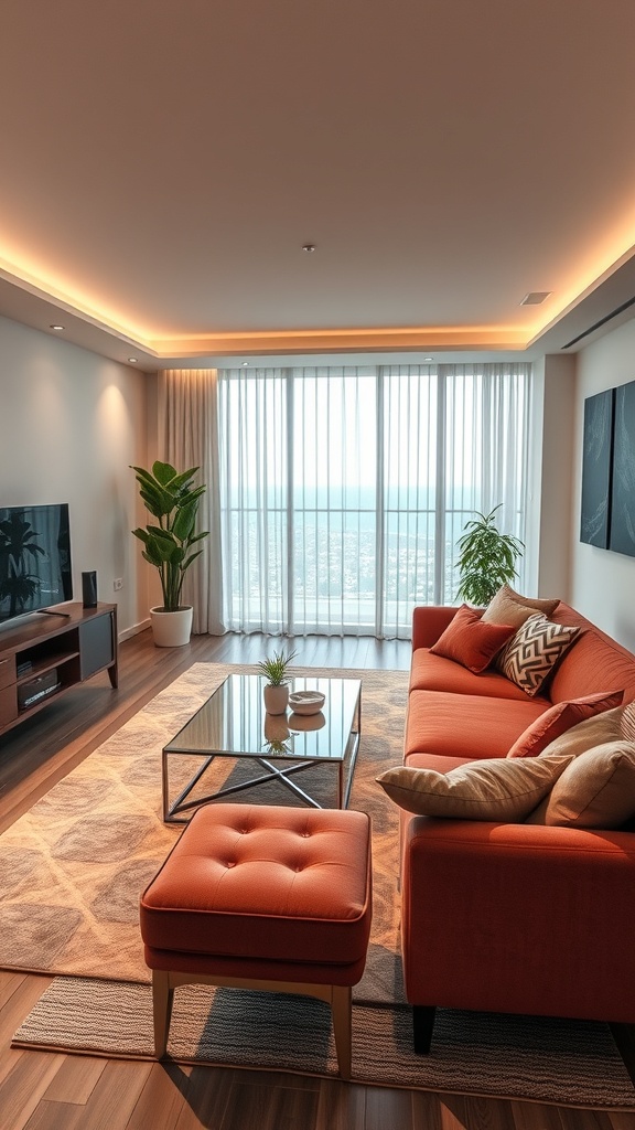 A modern high-tech living room featuring an orange sofa, large windows, and a sleek coffee table.
