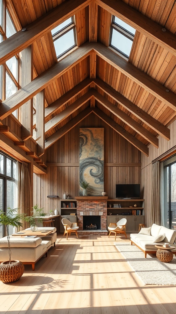 A Scandinavian style living room featuring high wooden ceilings, large windows, and a cozy fireplace.