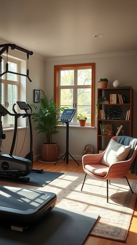 A home gym with exercise equipment and a cozy chair for relaxation.