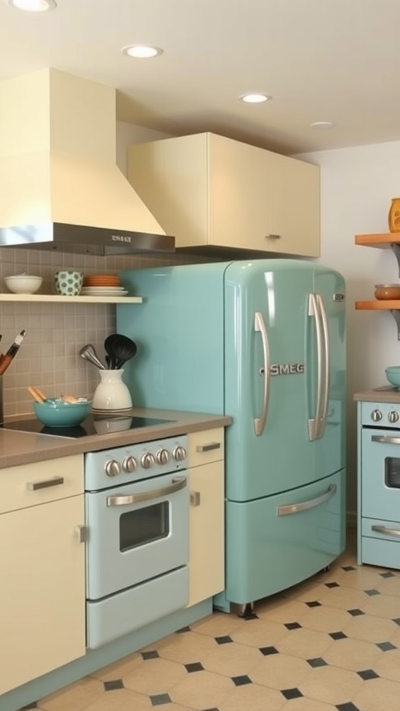 A mid-century modern kitchen featuring a pastel-colored refrigerator and a sleek stove.