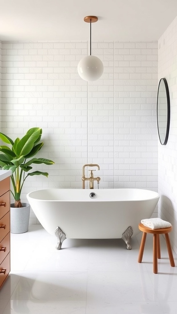 A mid-century modern bathroom featuring a freestanding white bathtub, wooden cabinet, brass fixtures, and a potted plant.