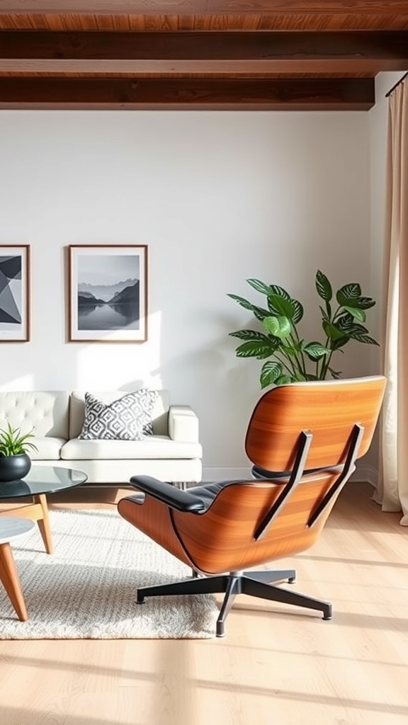 A stylish living room featuring an Eames Lounge Chair and ottoman, large windows, and plants.