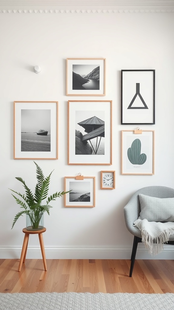 A gallery wall featuring black-and-white photographs and minimalist art in wooden frames, with a fern plant and a cozy chair.