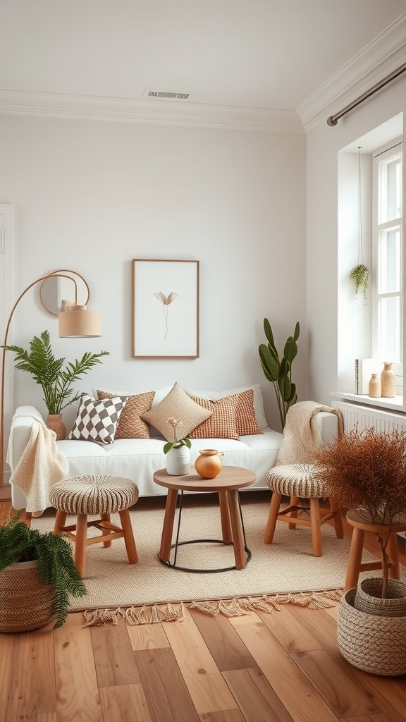 Cozy Scandinavian living room with plants, wooden furniture, and neutral colors