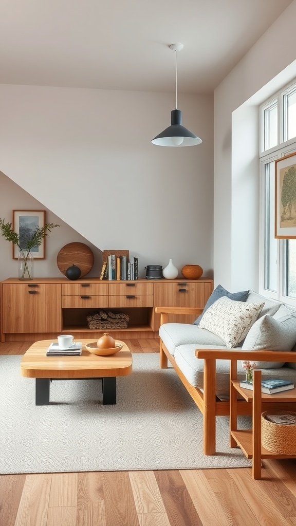 A cozy Scandinavian living room featuring wooden furniture, a soft rug, and natural decor elements.