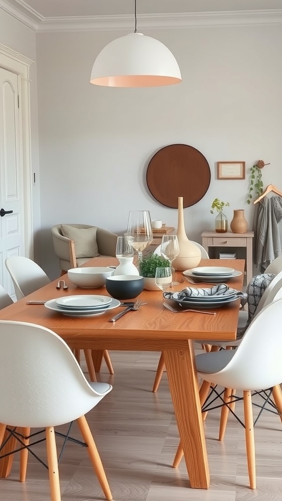 A dining table set with Scandinavian ceramics, featuring white plates, a dark bowl, and a stylish vase, creating a warm and inviting atmosphere.