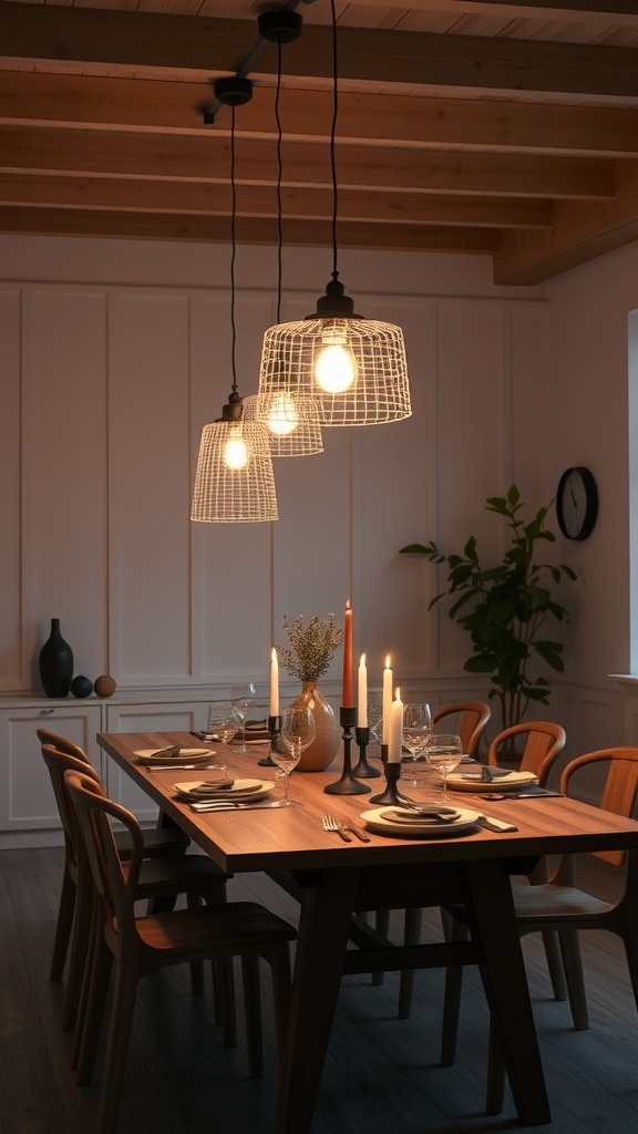 A cozy dining area featuring three pendant lights, a wooden table set for dinner, and a warm atmosphere.