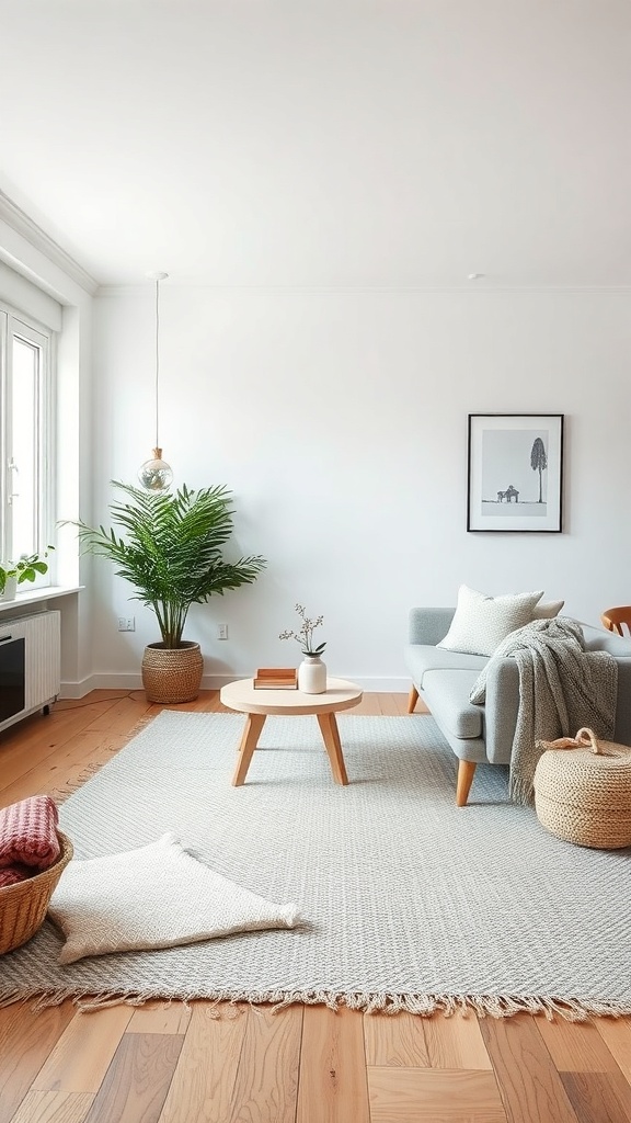 A cozy Scandinavian living room featuring a soft grey couch, a round wooden coffee table, a textured rug, and a large green plant.
