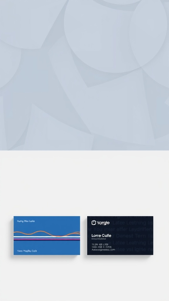 Two business cards with horizontal lines in their design, one blue and one black.