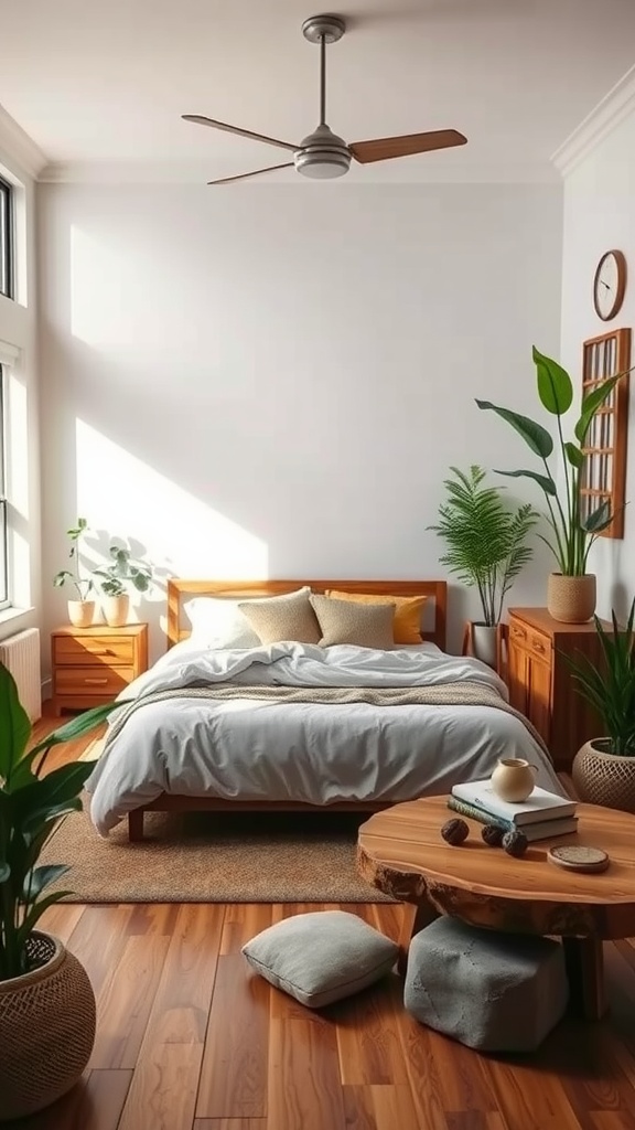 A cozy bedroom featuring wooden furniture, plants, and natural light.