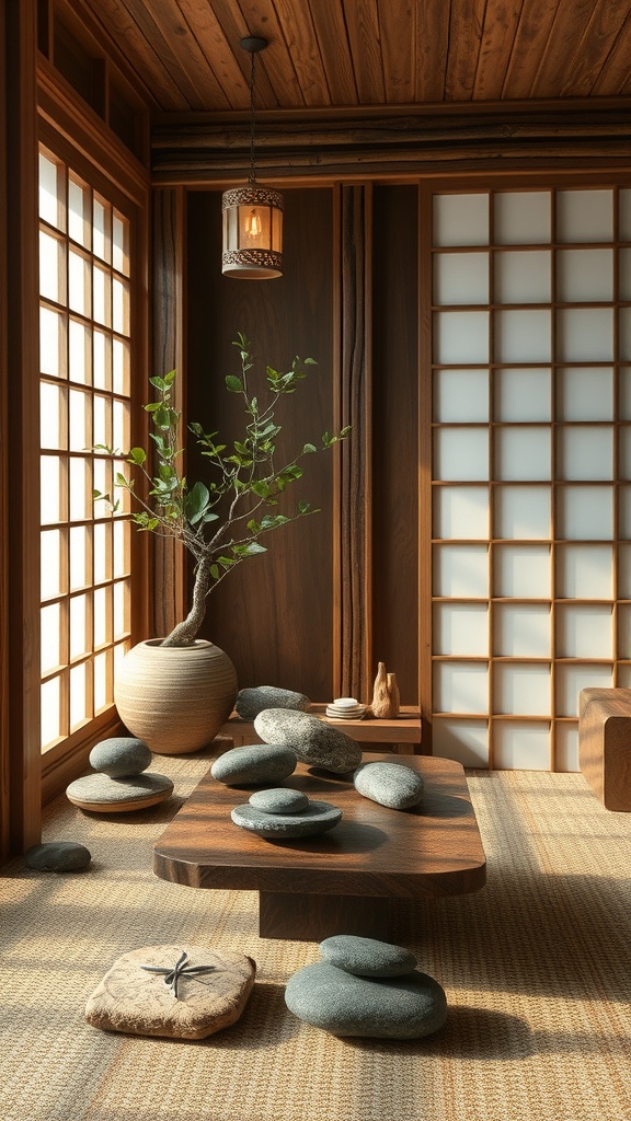A serene indoor space featuring wooden walls, a central table, smooth stones, and a potted plant, all illuminated by soft lighting.