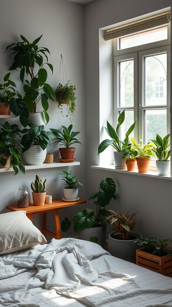 A small bedroom with various plants on shelves and windowsill, creating a fresh atmosphere.