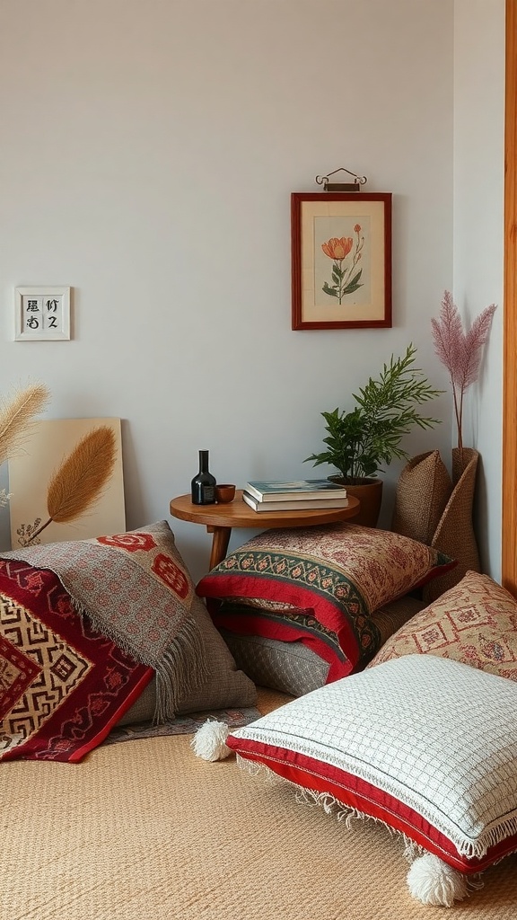 A cozy corner with layered cushions in various patterns, a small wooden table with books, and decorative plants.