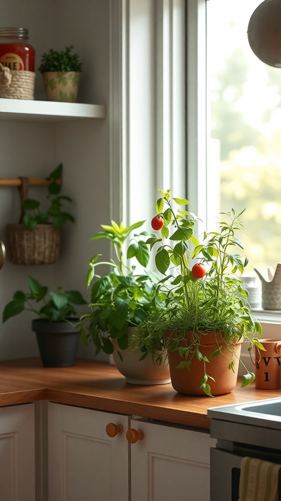 Indoor herb garden on a kitchen windowsill with various plants in pots