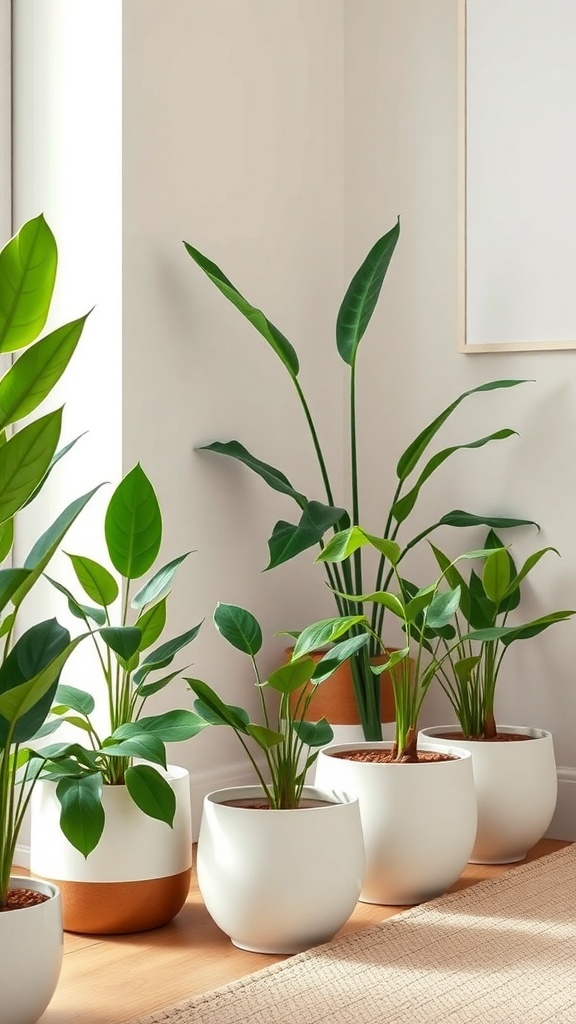 Indoor plant arrangement in modern pots, showcasing a blend of Japanese and Scandinavian design styles.