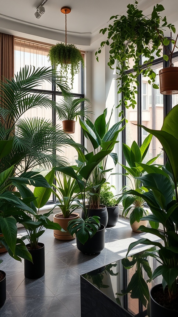 A bright room filled with various indoor plants, including hanging and potted greenery, near large windows.