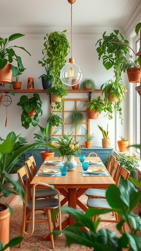 A boho dining room filled with various indoor plants, featuring a wooden table set with blue glasses and simple decor.