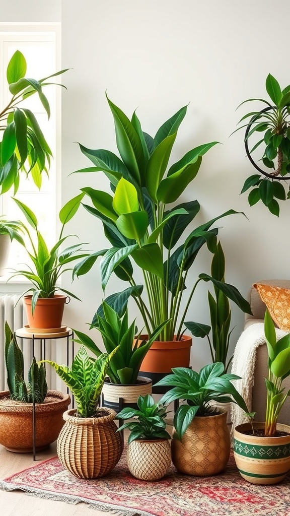 A vibrant arrangement of various indoor plants in decorative pots, showcasing a boho style.