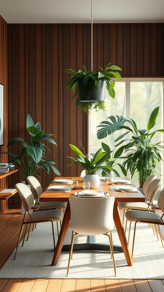 A mid-century modern dining room featuring a wooden wall, a wooden dining table with white chairs, and various indoor plants as centerpieces.