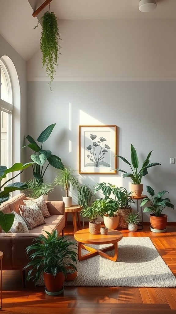 A mid-century modern living room filled with various indoor plants, featuring a cozy couch and wooden furniture.