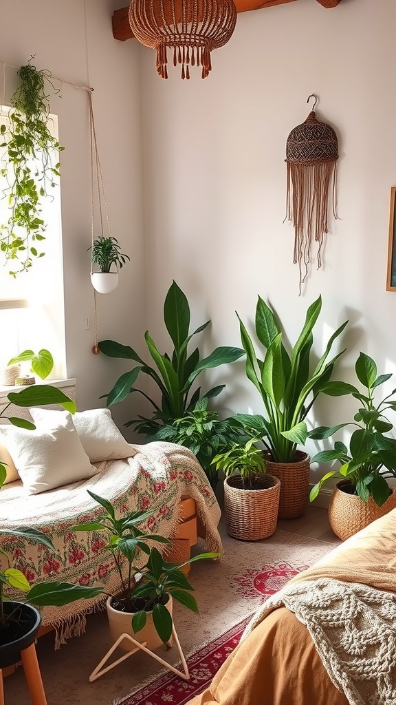 A cozy boho bedroom with various indoor plants, featuring a warm color palette and natural textures.