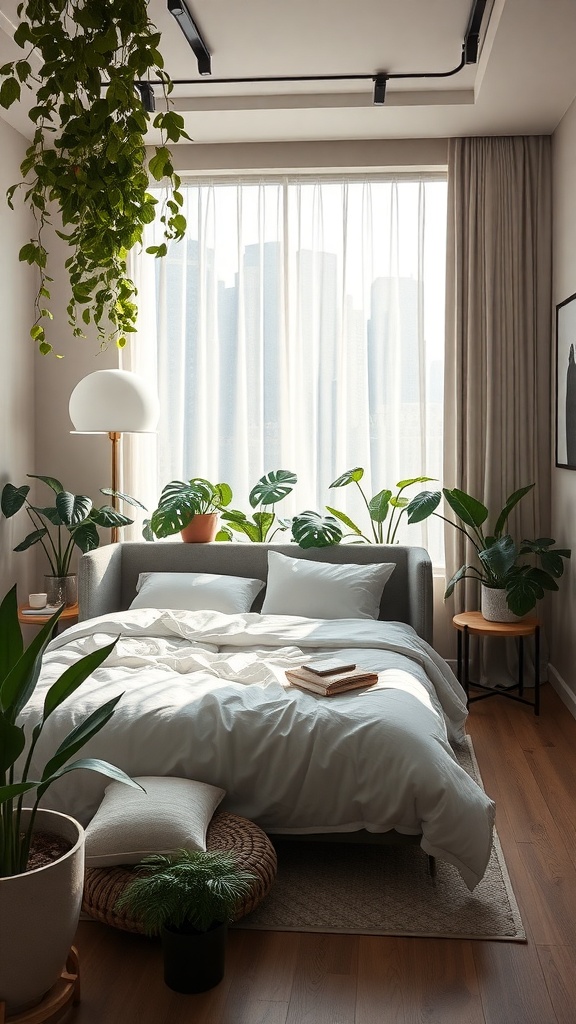 A modern luxury bedroom featuring indoor plants and a cozy bed.