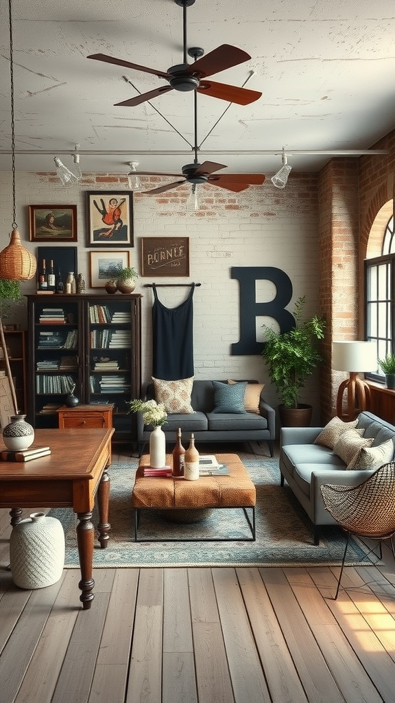A stylish industrial chic living room featuring exposed brick walls, a gray sofa, a wooden table, and decorative art pieces.