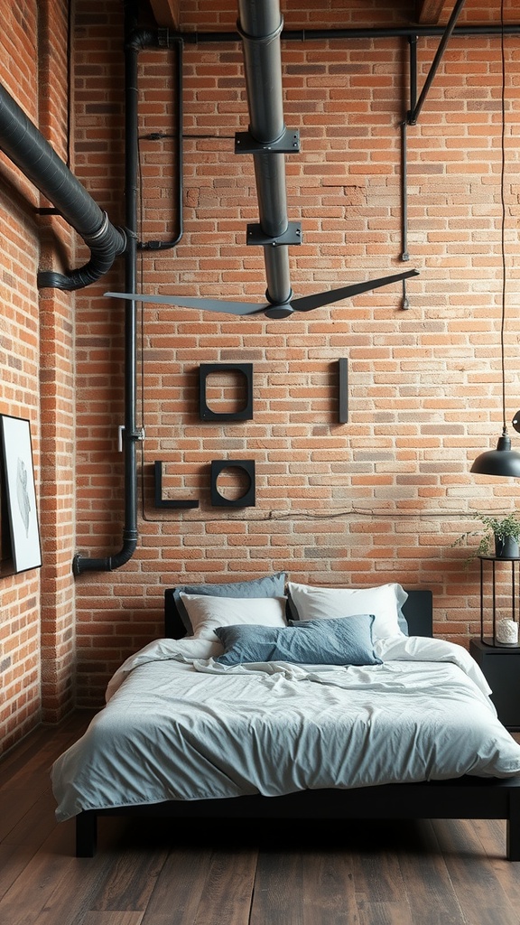 A stylish industrial bedroom featuring exposed brick walls, a black bed frame, and modern decor.