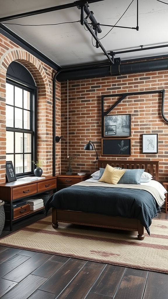 Aesthetic bedroom with industrial loft vibes featuring exposed brick walls, wooden furniture, and metal accents.